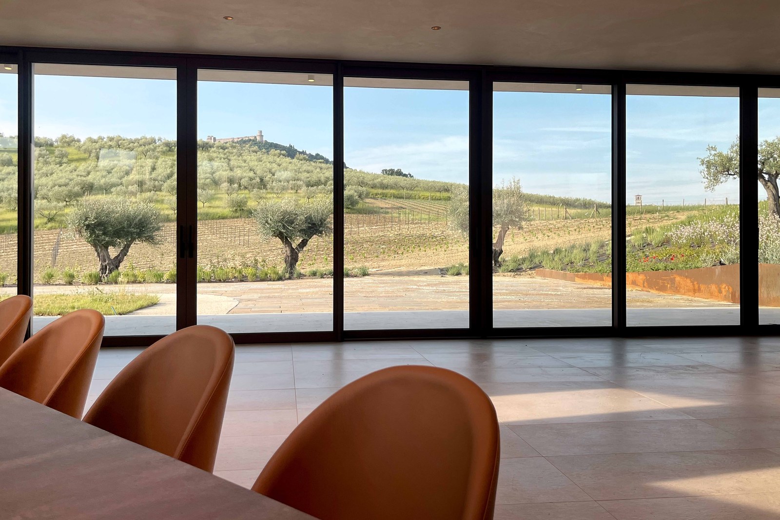 Glazed hall of Agriturismo Alma opening onto the olive grove courtyard